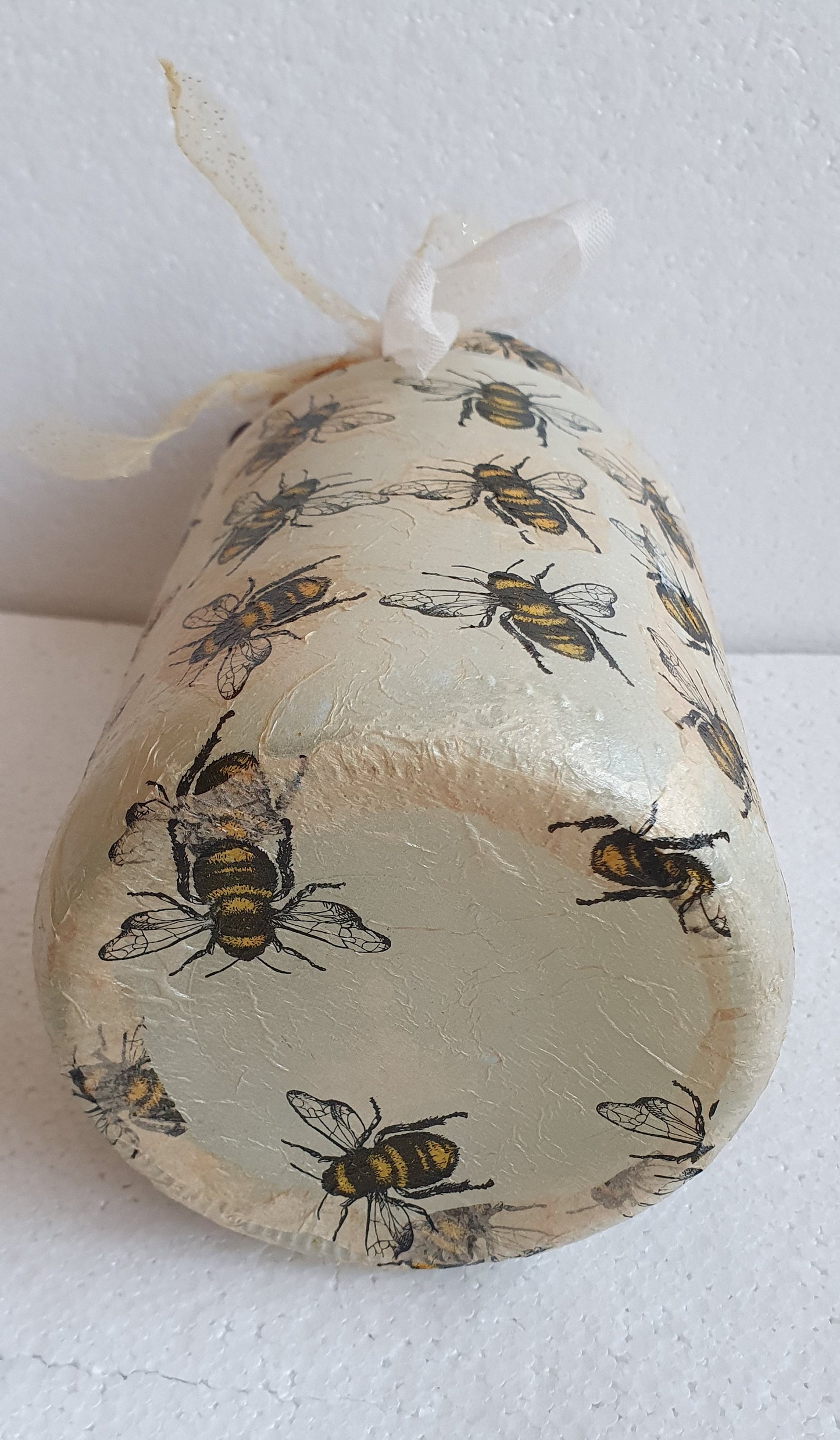 Large Hand Decorated Glass Pin Cushion Jar Beige Bumble Bee Crafters Gift