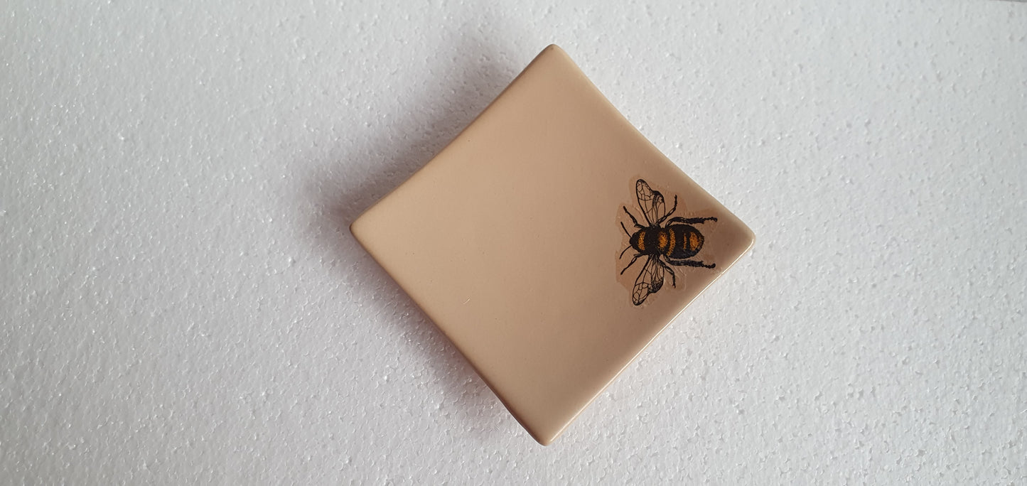 Small Brown Beige Bumble Bee Square Trinket Plate Hand Decorated Decor Gift