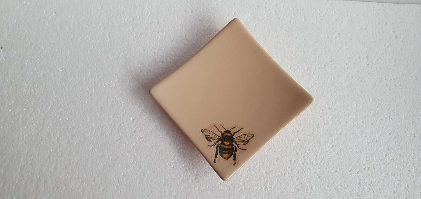Small Brown Beige Bumble Bee Square Trinket Plate Hand Decorated Decor Gift