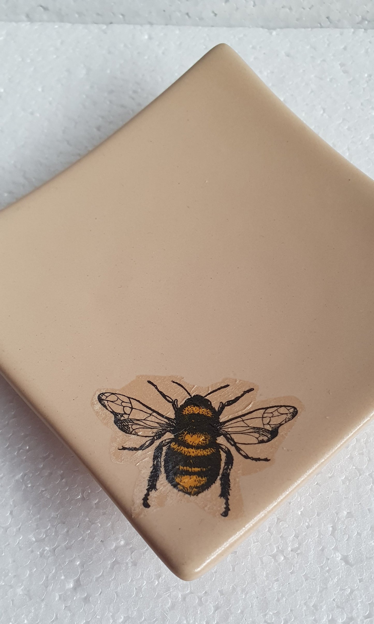Small Brown Beige Bumble Bee Square Trinket Plate Hand Decorated Decor Gift
