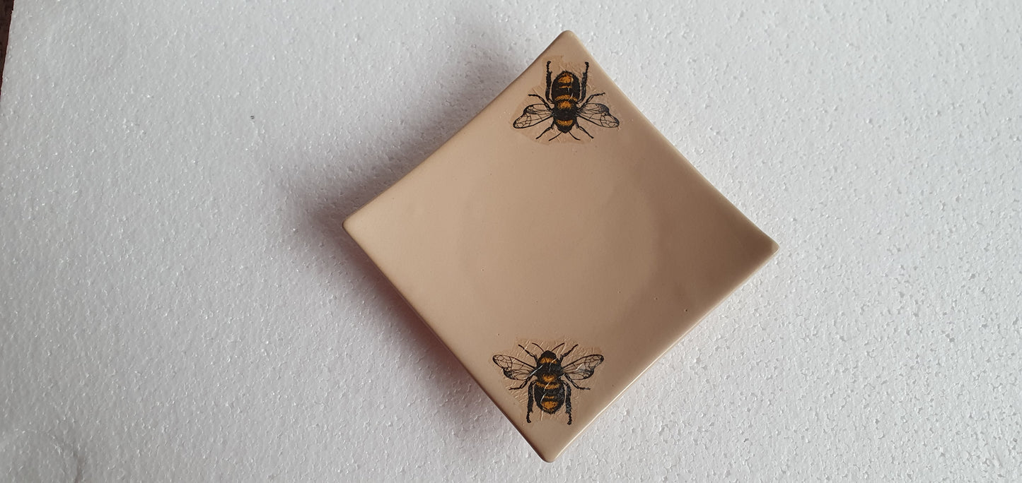 Medium Brown Beige Bumble Bee Square Trinket Plate Hand Decorated Decor Gift