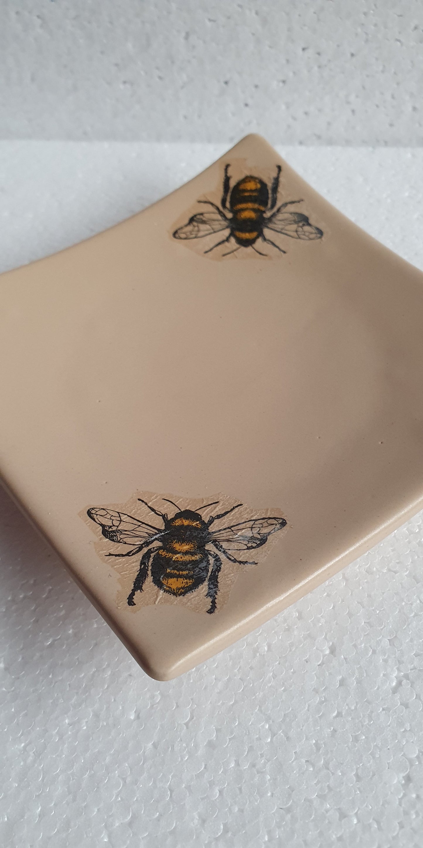 Medium Brown Beige Bumble Bee Square Trinket Plate Hand Decorated Decor Gift