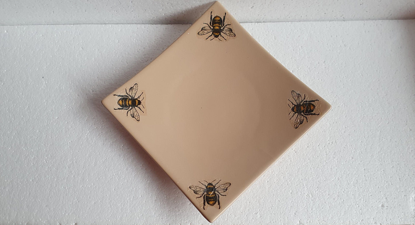 Large Brown Beige Bumble Bee Square Trinket Plate Hand Decorated Decor Gift