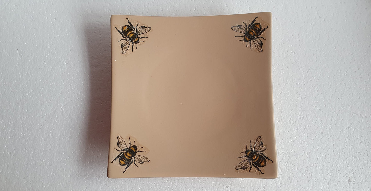 Large Brown Beige Bumble Bee Square Trinket Plate Hand Decorated Decor Gift