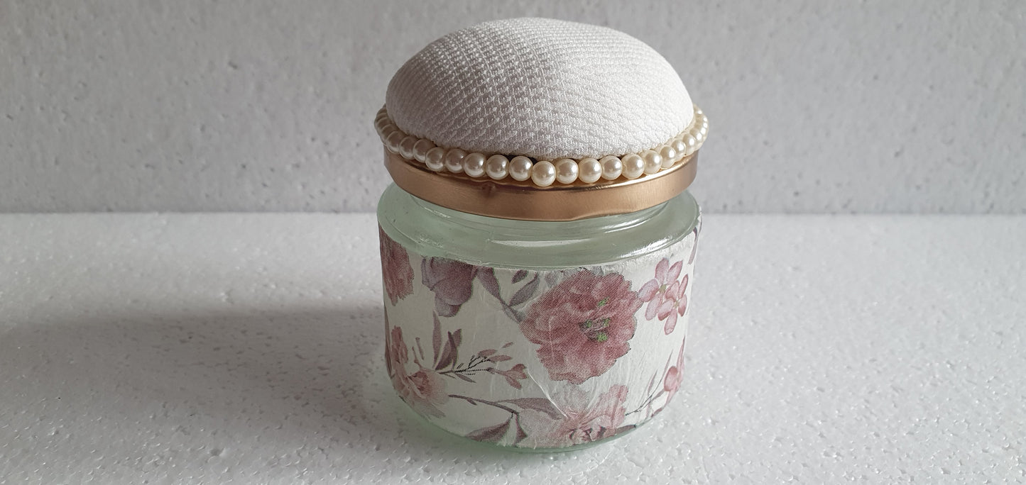 RESERVED for A-M Hand Decorated Glass Pin Cushion Jar Gold Cream Pink Floral Crafters Gift