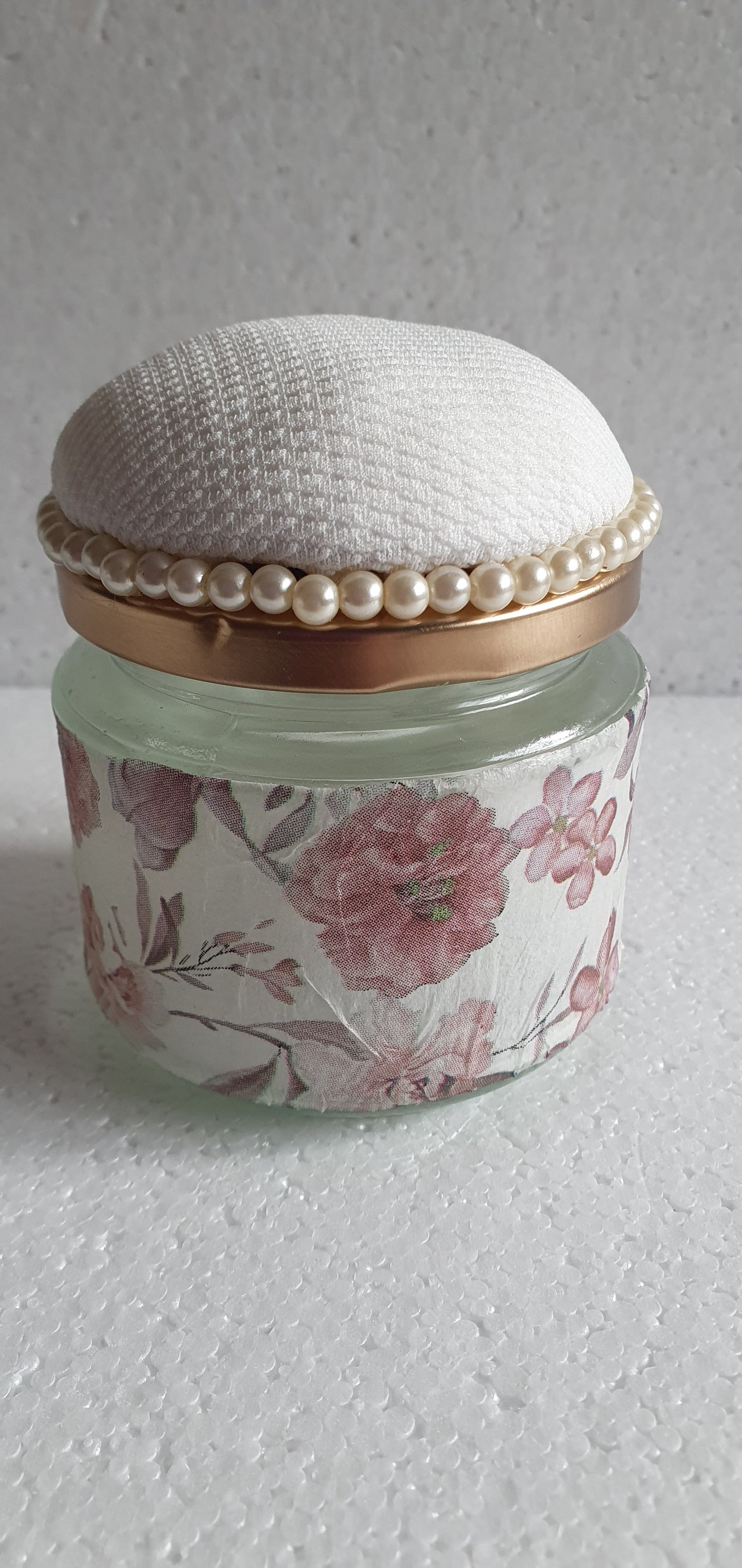 RESERVED for A-M Hand Decorated Glass Pin Cushion Jar Gold Cream Pink Floral Crafters Gift