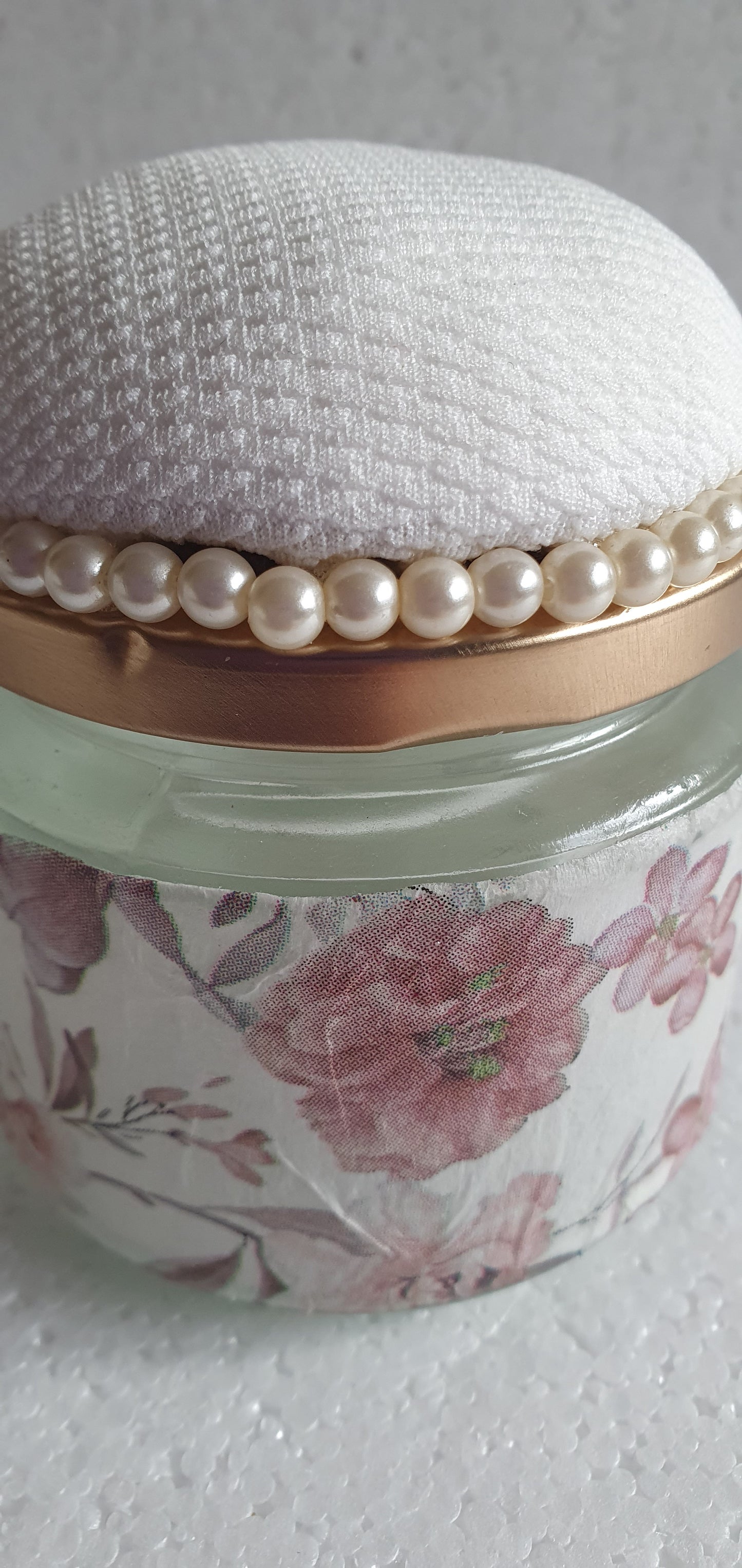 RESERVED for A-M Hand Decorated Glass Pin Cushion Jar Gold Cream Pink Floral Crafters Gift