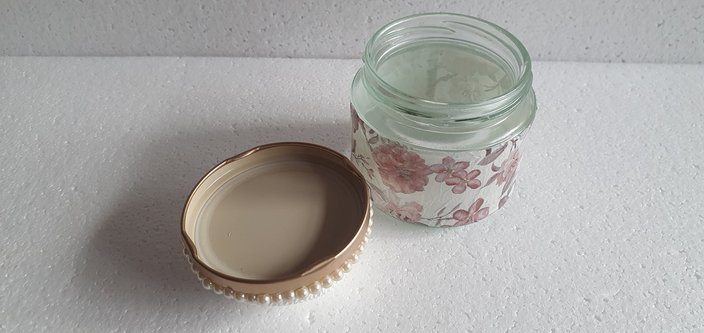 RESERVED for A-M Hand Decorated Glass Pin Cushion Jar Gold Cream Pink Floral Crafters Gift