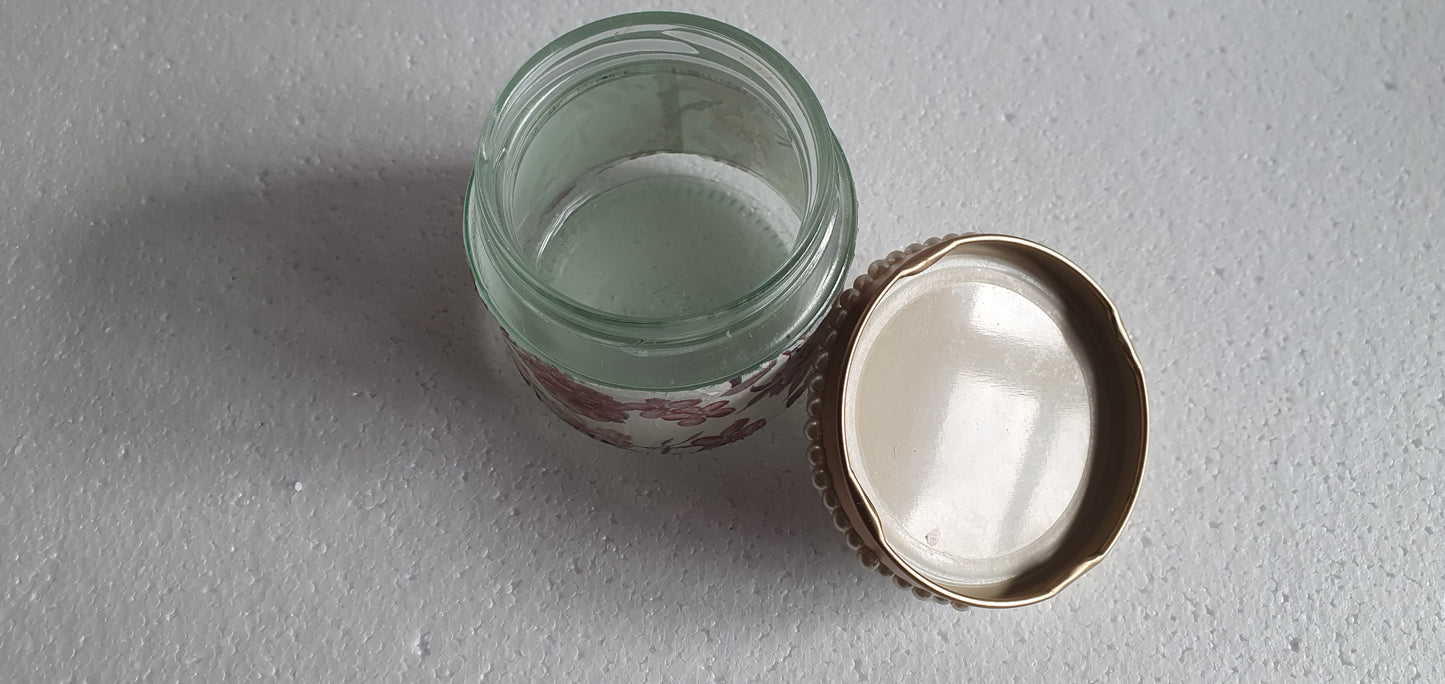 RESERVED for A-M Hand Decorated Glass Pin Cushion Jar Gold Cream Pink Floral Crafters Gift