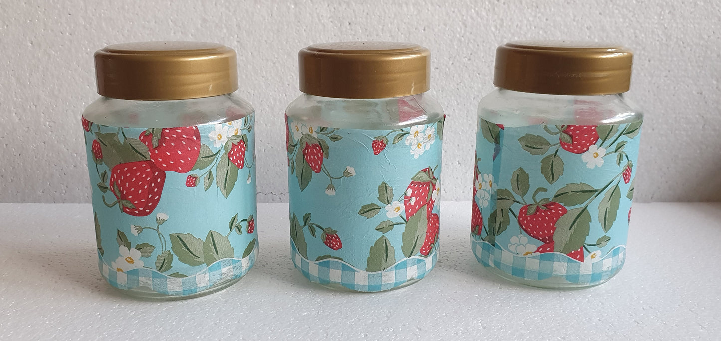 Crafters Storage Jars Set x 3 Blue Red Gold Strawberries Hand Decorated Home Decor Gift