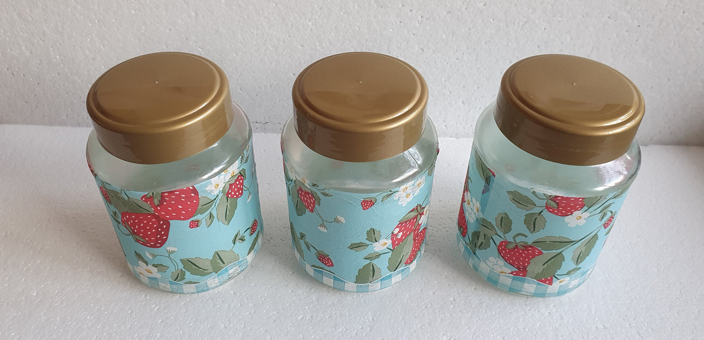Crafters Storage Jars Set x 3 Blue Red Gold Strawberries Hand Decorated Home Decor Gift