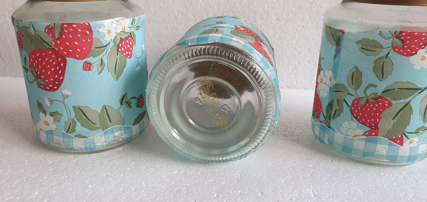 Crafters Storage Jars Set x 3 Blue Red Gold Strawberries Hand Decorated Home Decor Gift