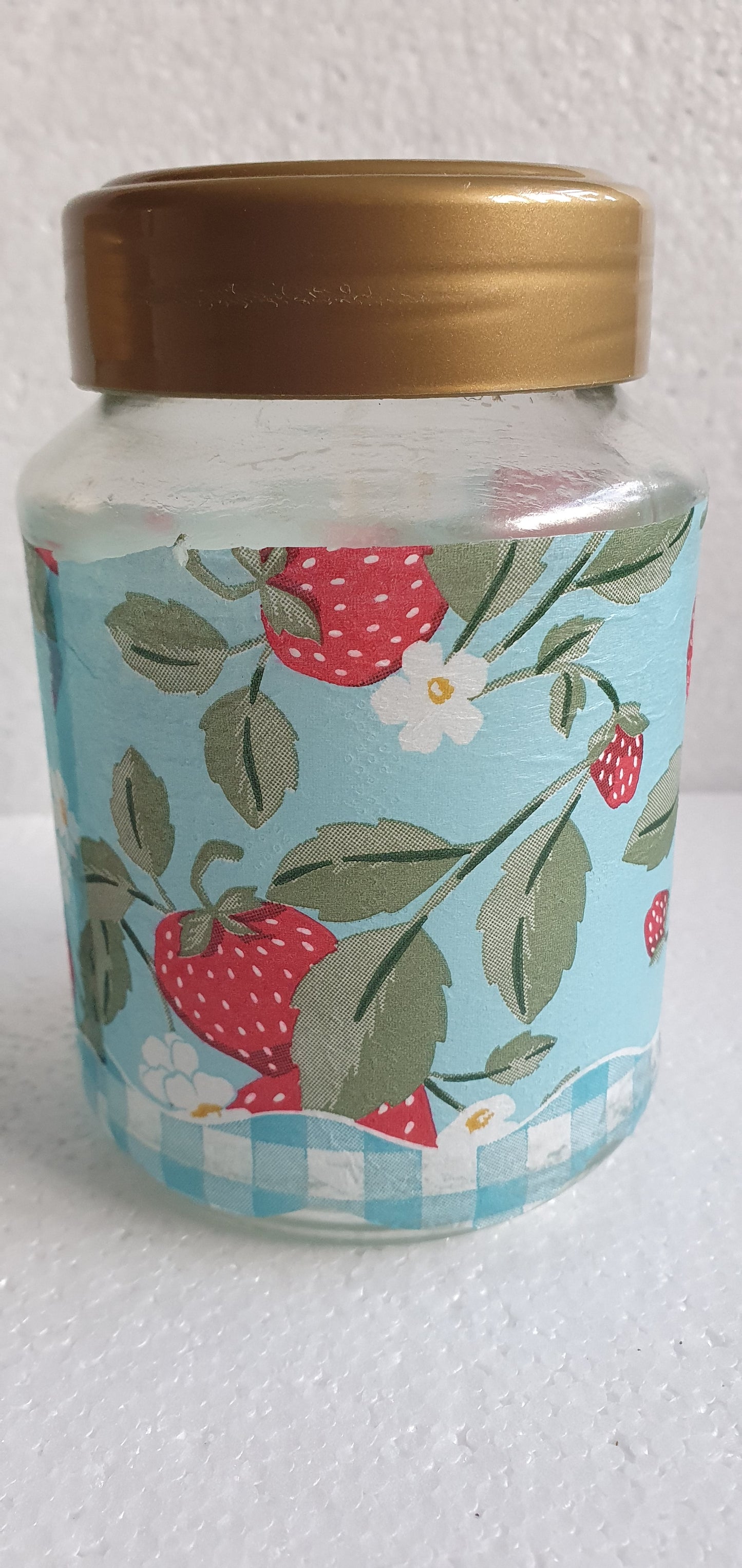 Crafters Storage Jars Set x 3 Blue Red Gold Strawberries Hand Decorated Home Decor Gift