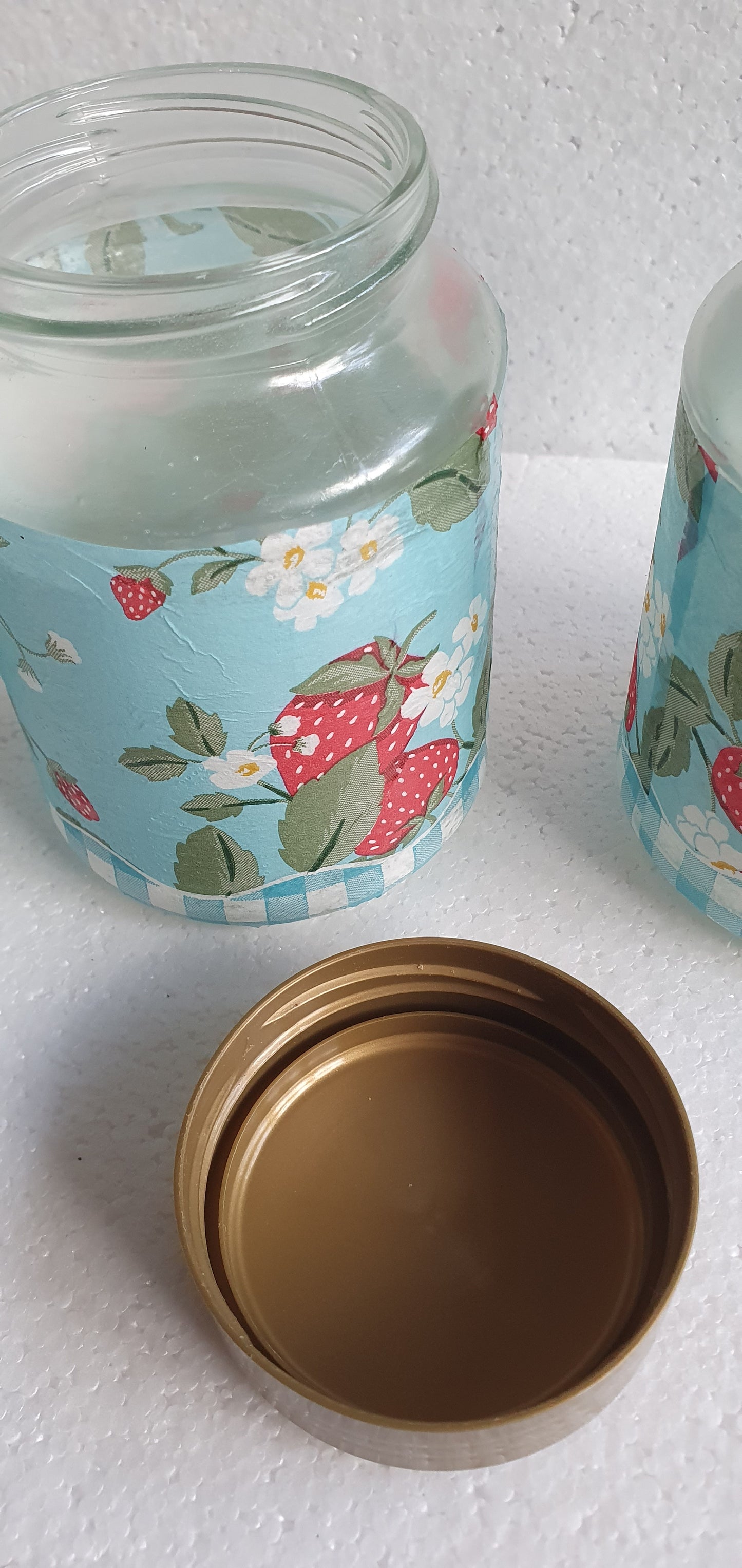 Crafters Storage Jars Set x 3 Blue Red Gold Strawberries Hand Decorated Home Decor Gift
