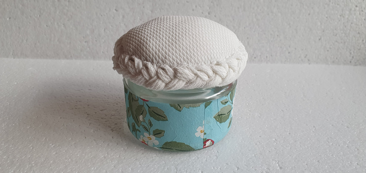 Small Hand Decorated Glass Pin Cushion Jar Cream Strawberries Red Blue Crafters Gift