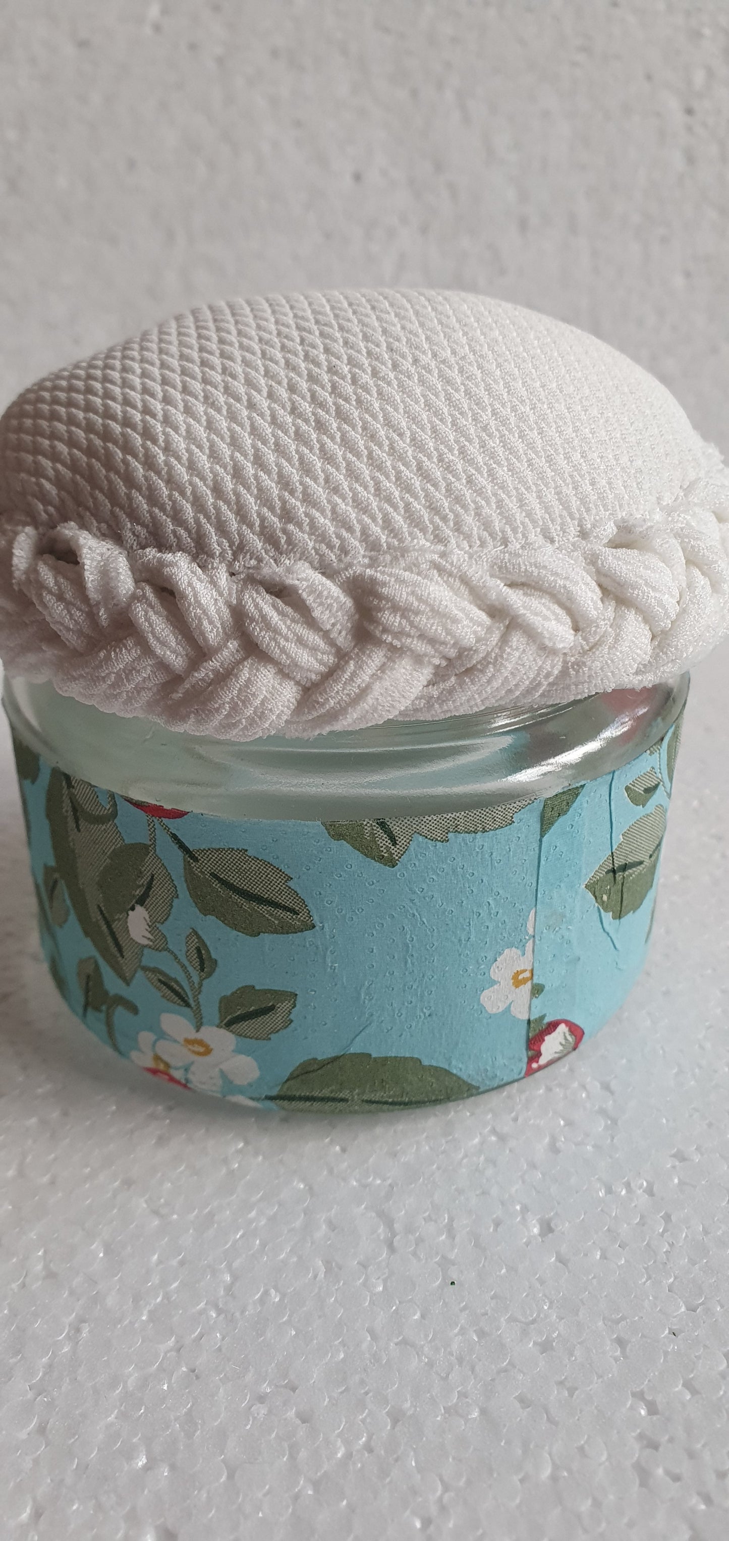 Small Hand Decorated Glass Pin Cushion Jar Cream Strawberries Red Blue Crafters Gift