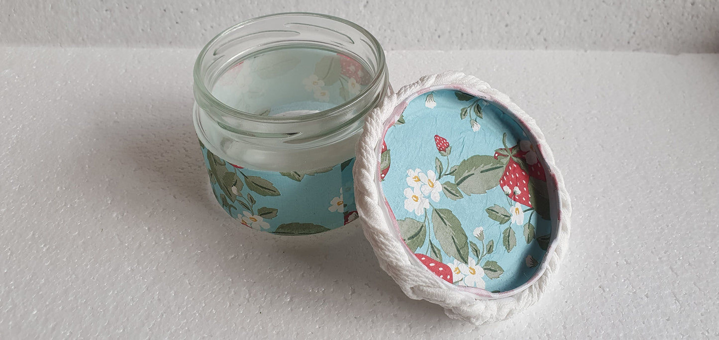 Small Hand Decorated Glass Pin Cushion Jar Cream Strawberries Red Blue Crafters Gift