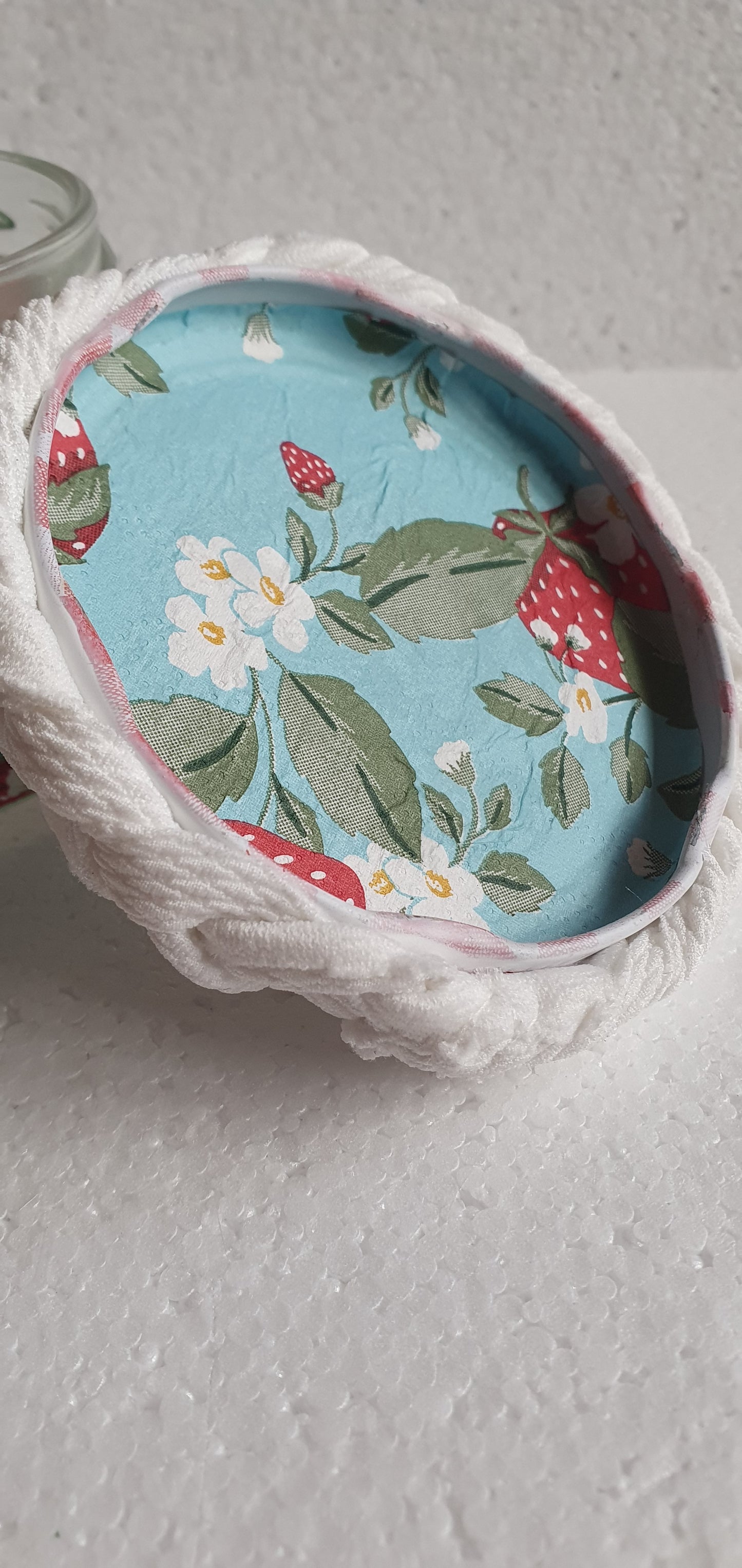 Small Hand Decorated Glass Pin Cushion Jar Cream Strawberries Red Blue Crafters Gift