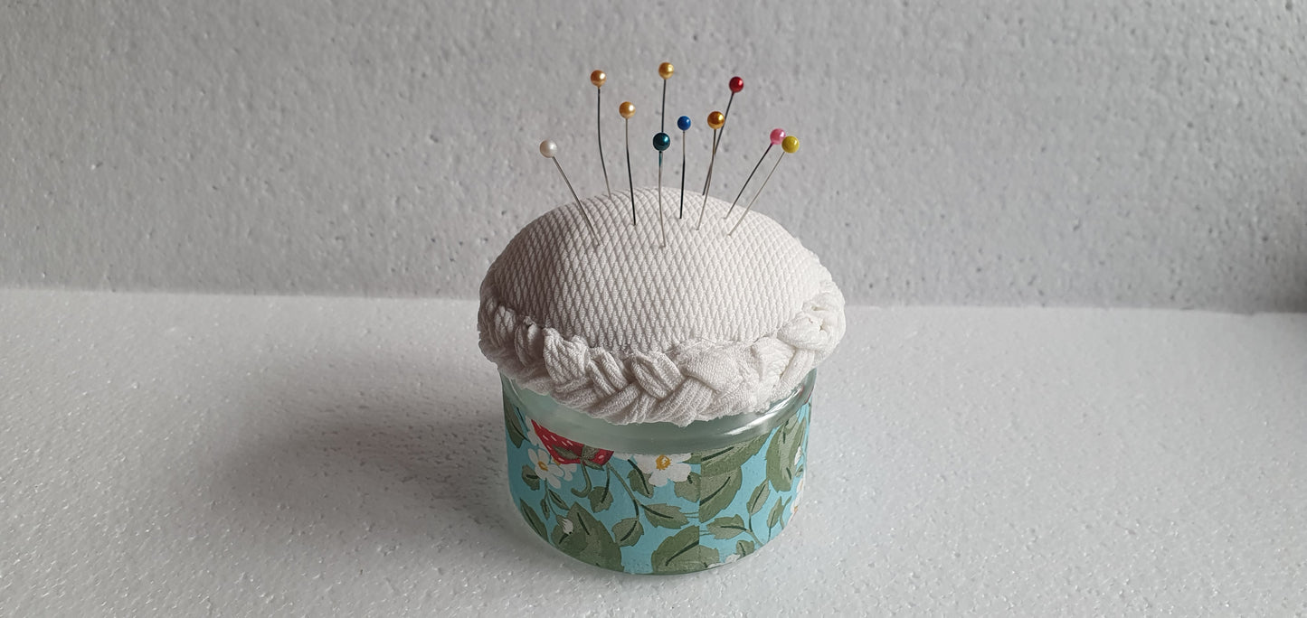 Small Hand Decorated Glass Pin Cushion Jar Cream Strawberries Red Blue Crafters Gift
