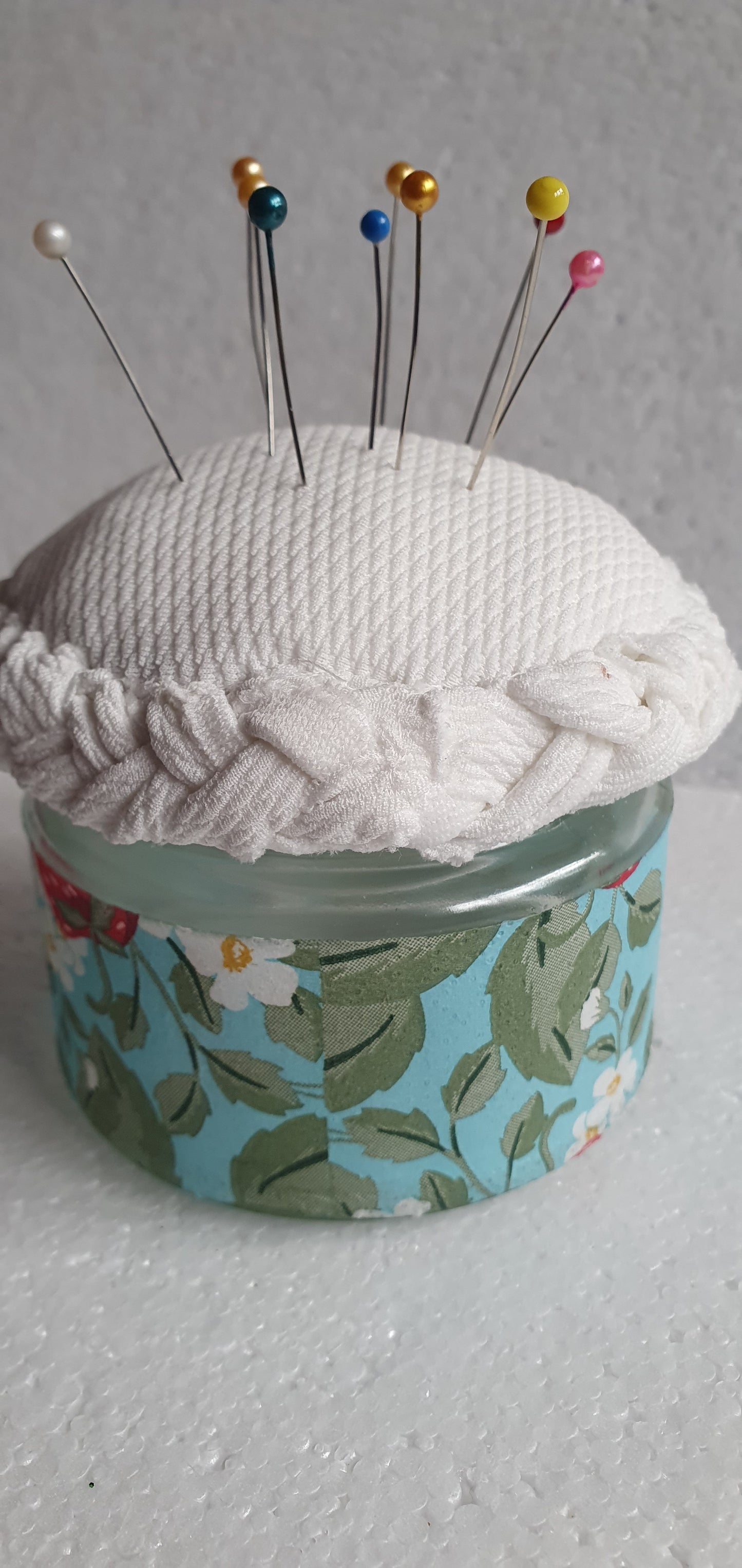 Small Hand Decorated Glass Pin Cushion Jar Cream Strawberries Red Blue Crafters Gift