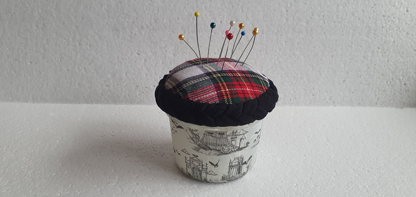 Small Hand Decorated Glass Pin Cushion Jar Tartan Red Black Haunted House Crafters Gift
