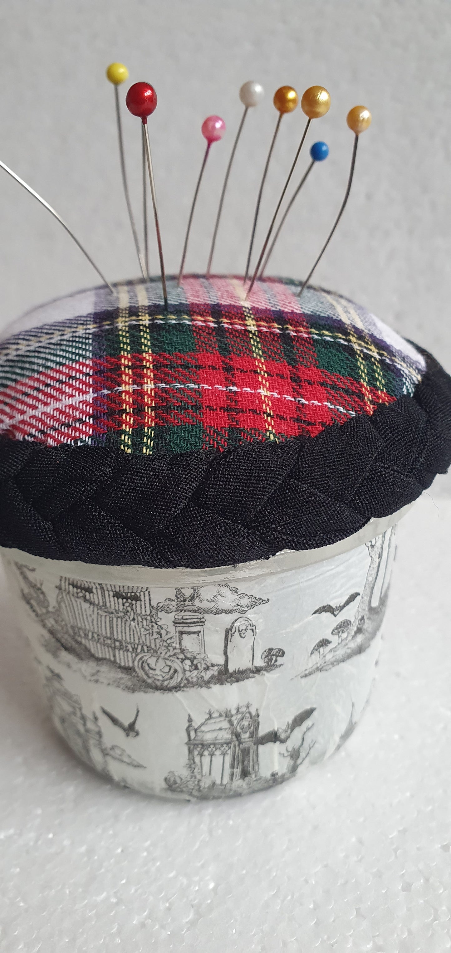 Small Hand Decorated Glass Pin Cushion Jar Tartan Red Black Haunted House Crafters Gift