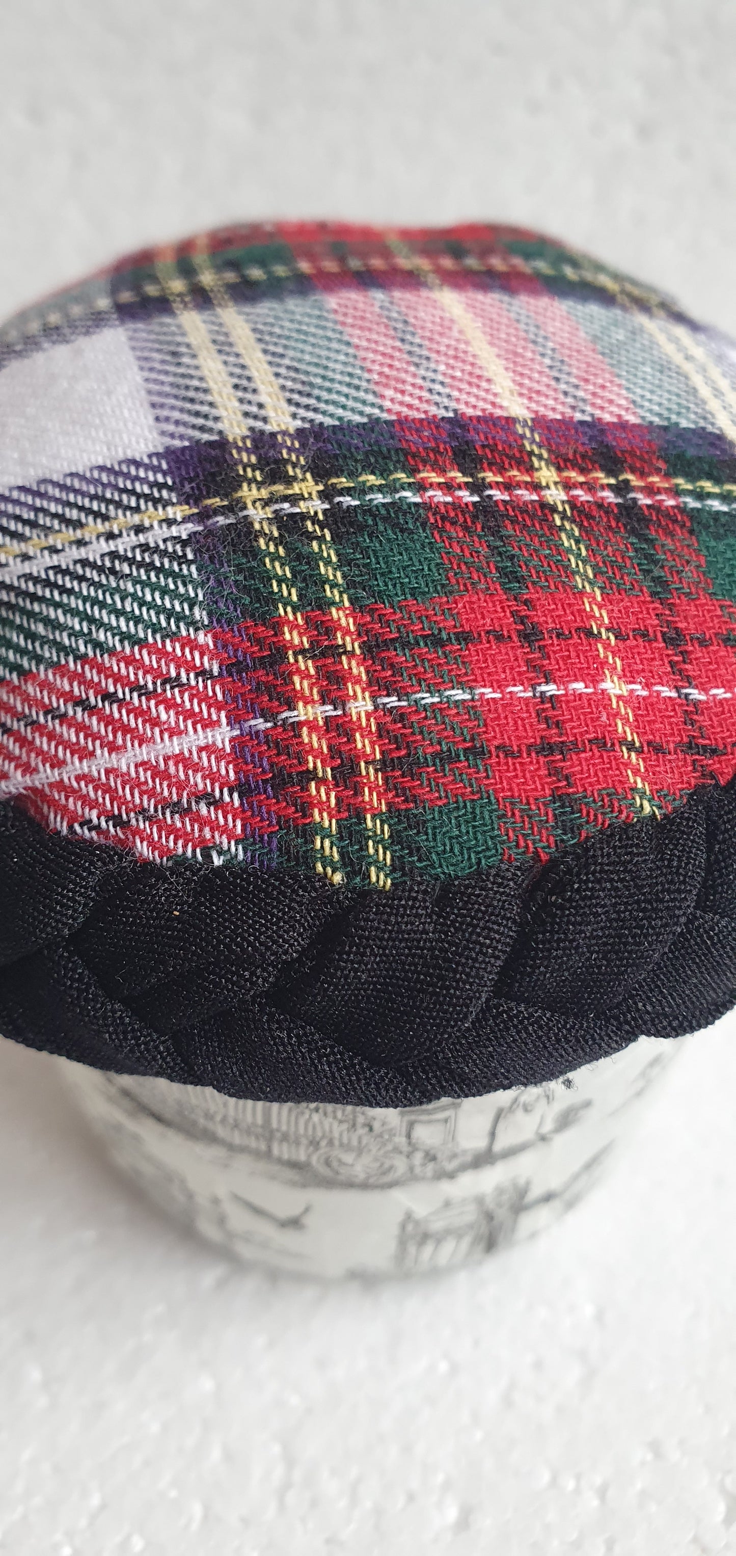 Small Hand Decorated Glass Pin Cushion Jar Tartan Red Black Haunted House Crafters Gift