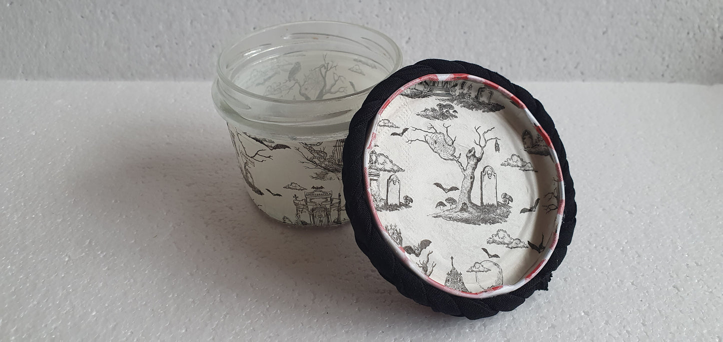 Small Hand Decorated Glass Pin Cushion Jar Tartan Red Black Haunted House Crafters Gift