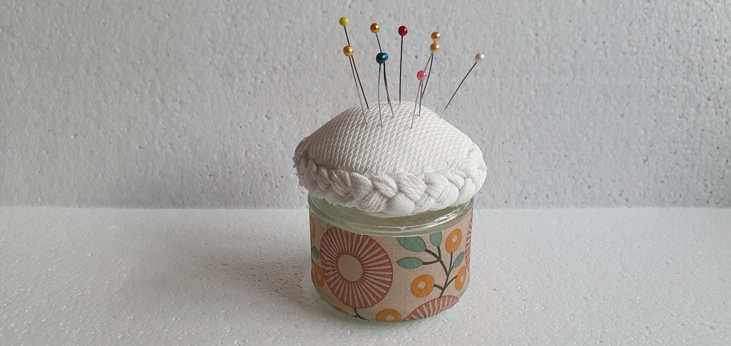 Small Hand Decorated Glass Pin Cushion Jar Retro Pattern Brown Cream Crafters Gift