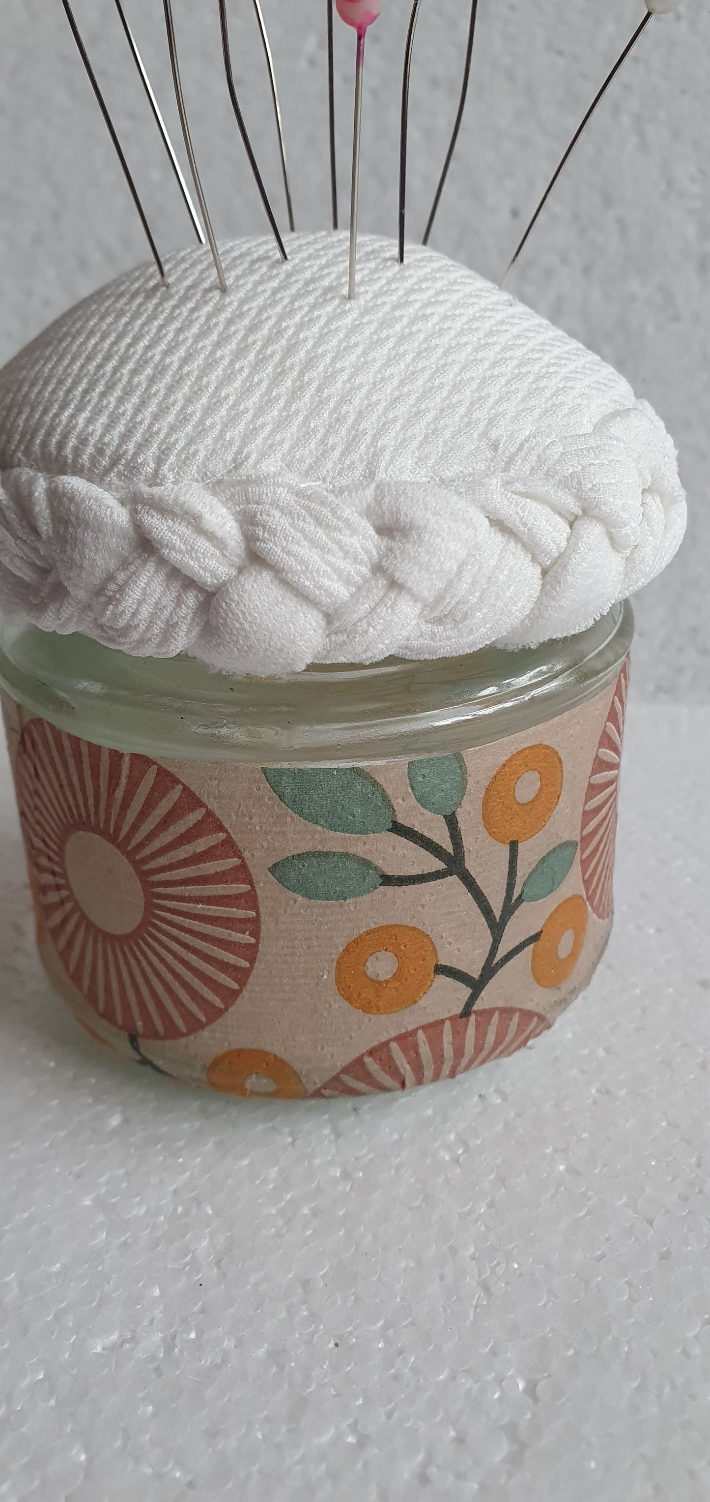 Small Hand Decorated Glass Pin Cushion Jar Retro Pattern Brown Cream Crafters Gift