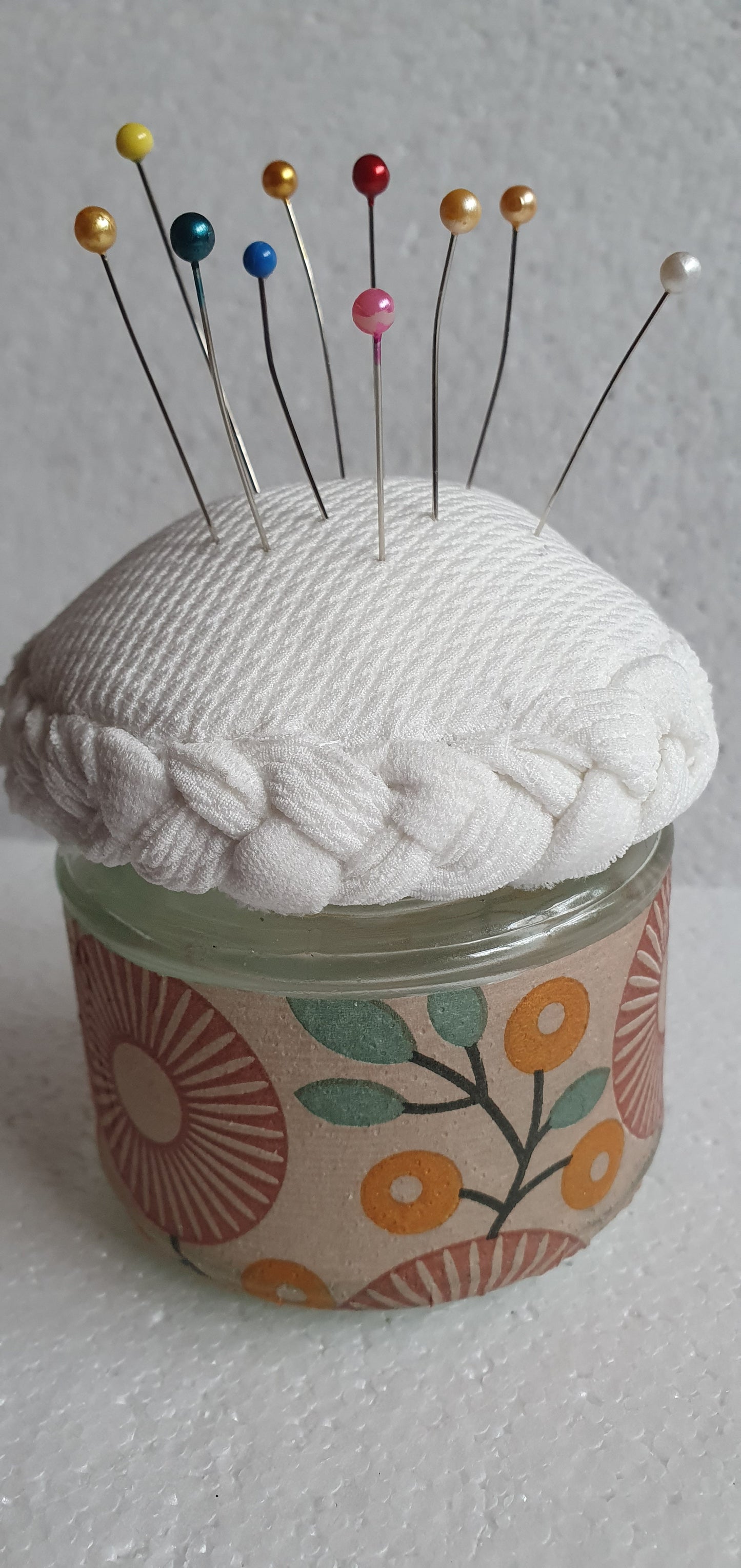 Small Hand Decorated Glass Pin Cushion Jar Retro Pattern Brown Cream Crafters Gift