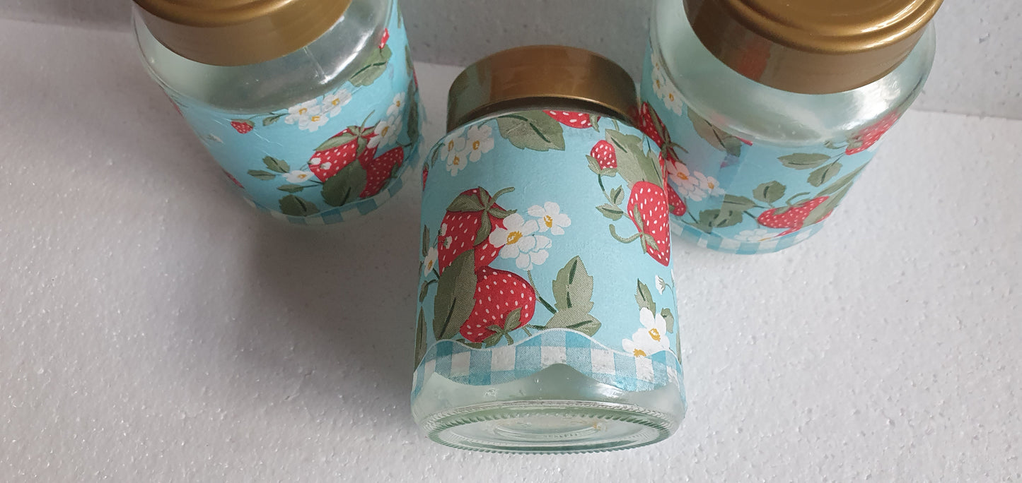 Crafters Storage Jars Set x 3 Blue Red Gold Strawberries Hand Decorated Home Decor Gift