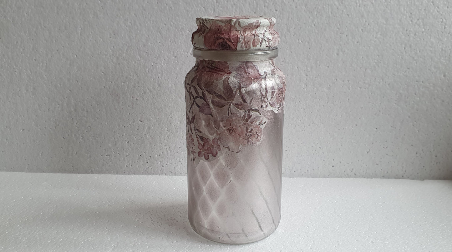 Medium Hand Decorated Glass Pin Cushion Jar Pink Floral Crafters Gift