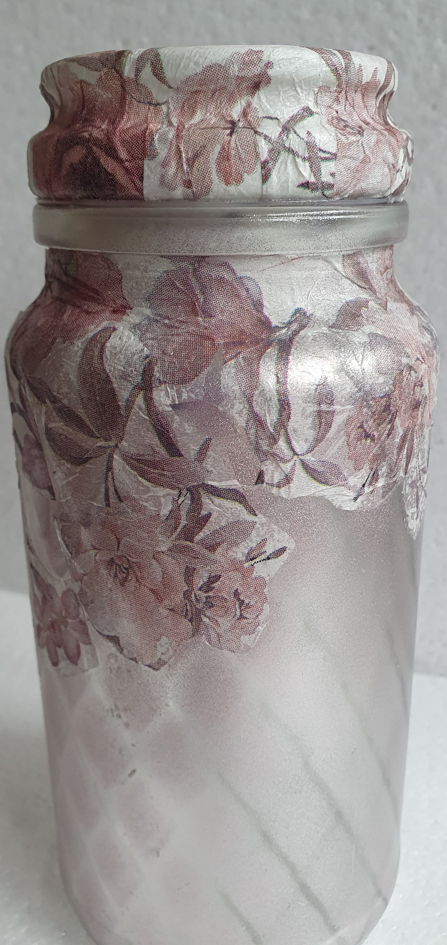 Medium Hand Decorated Glass Pin Cushion Jar Pink Floral Crafters Gift