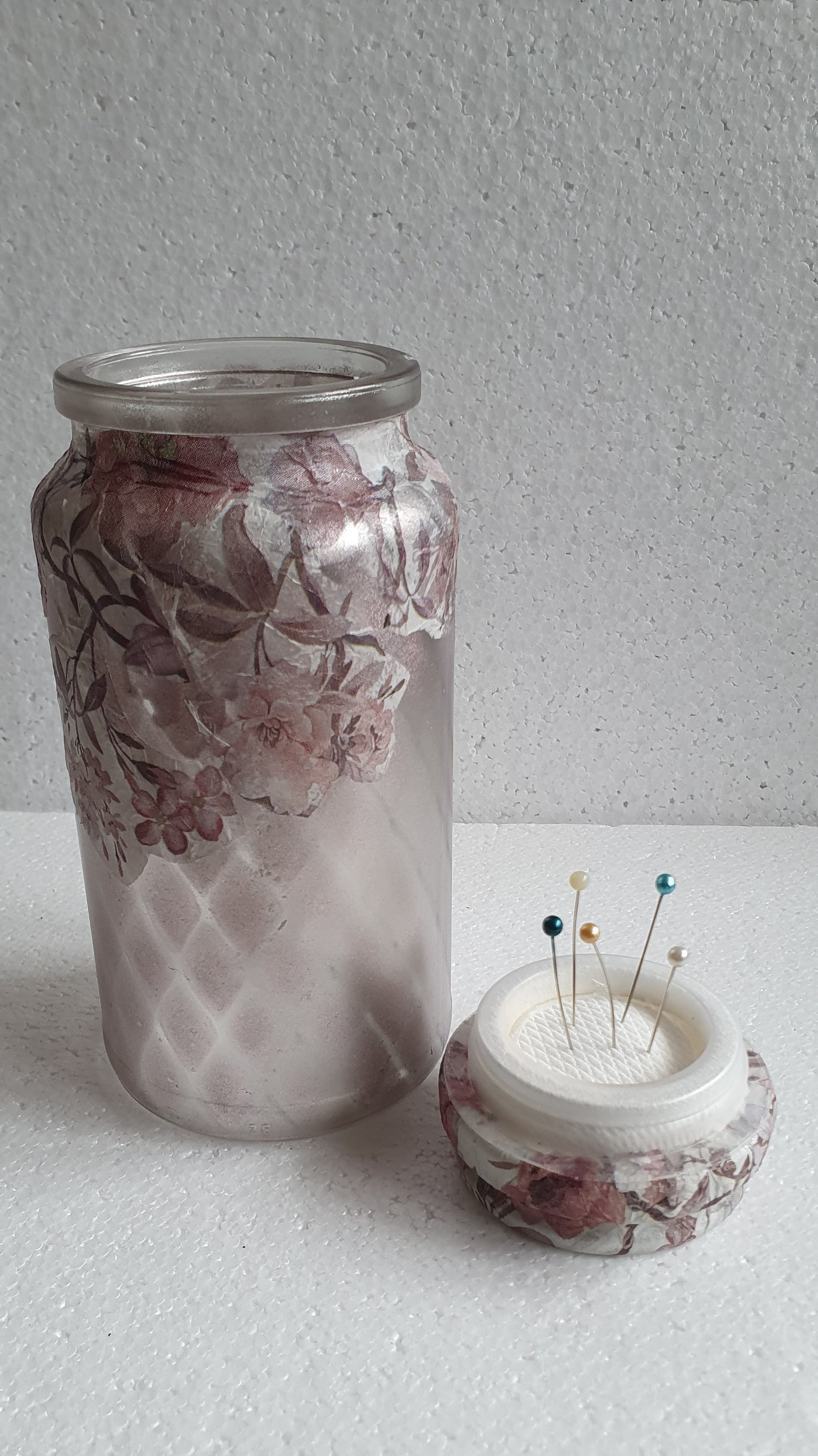 Medium Hand Decorated Glass Pin Cushion Jar Pink Floral Crafters Gift