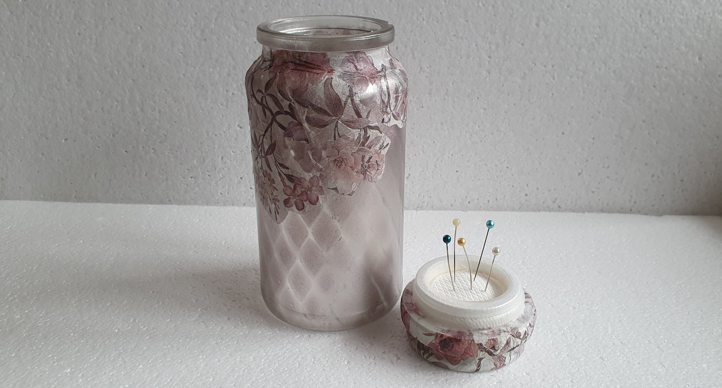 Medium Hand Decorated Glass Pin Cushion Jar Pink Floral Crafters Gift