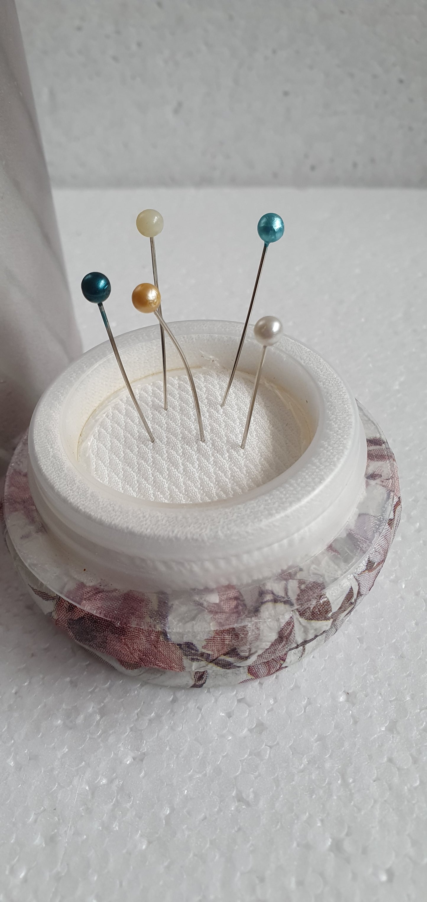 Large Hand Decorated Glass Pin Cushion Jar Beige Bumble Bee Crafters Gift