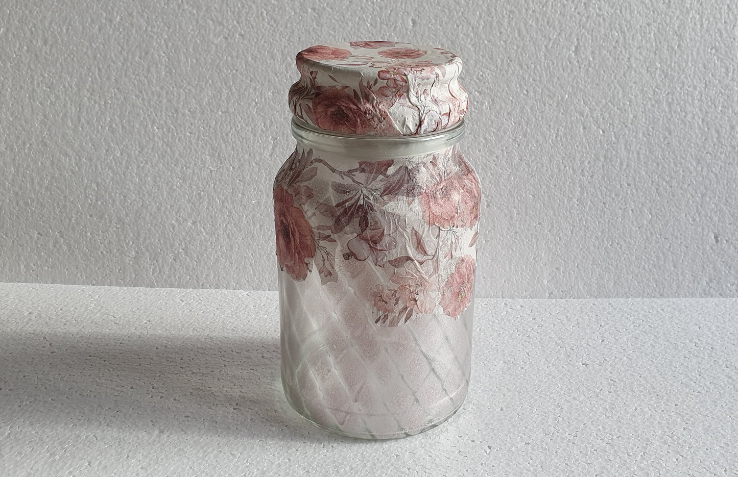 Reserved for A-M Medium 'Chunky' Hand Decorated Glass Pin Cushion Jar Pink Floral Crafters Gift