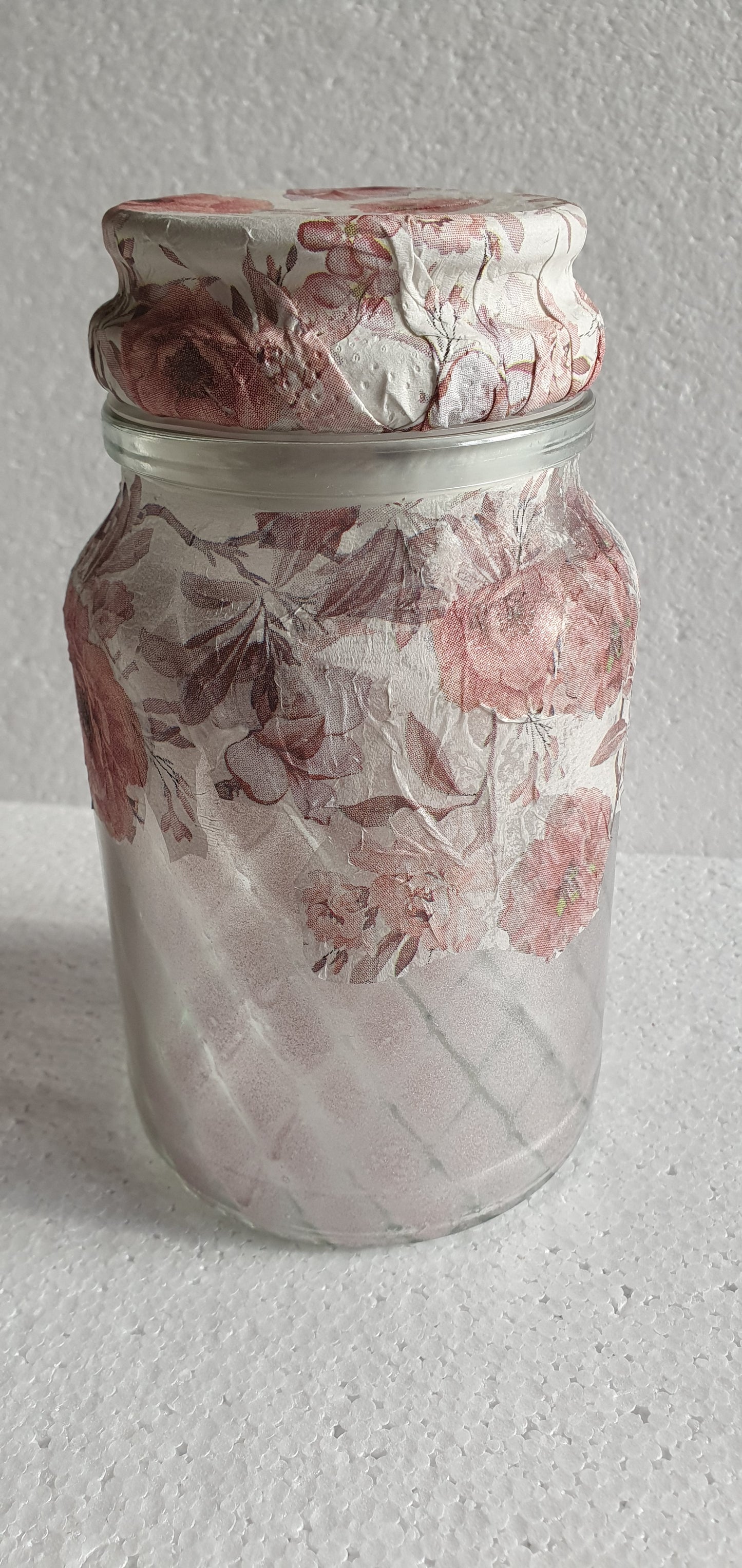 Reserved for A-M Medium 'Chunky' Hand Decorated Glass Pin Cushion Jar Pink Floral Crafters Gift