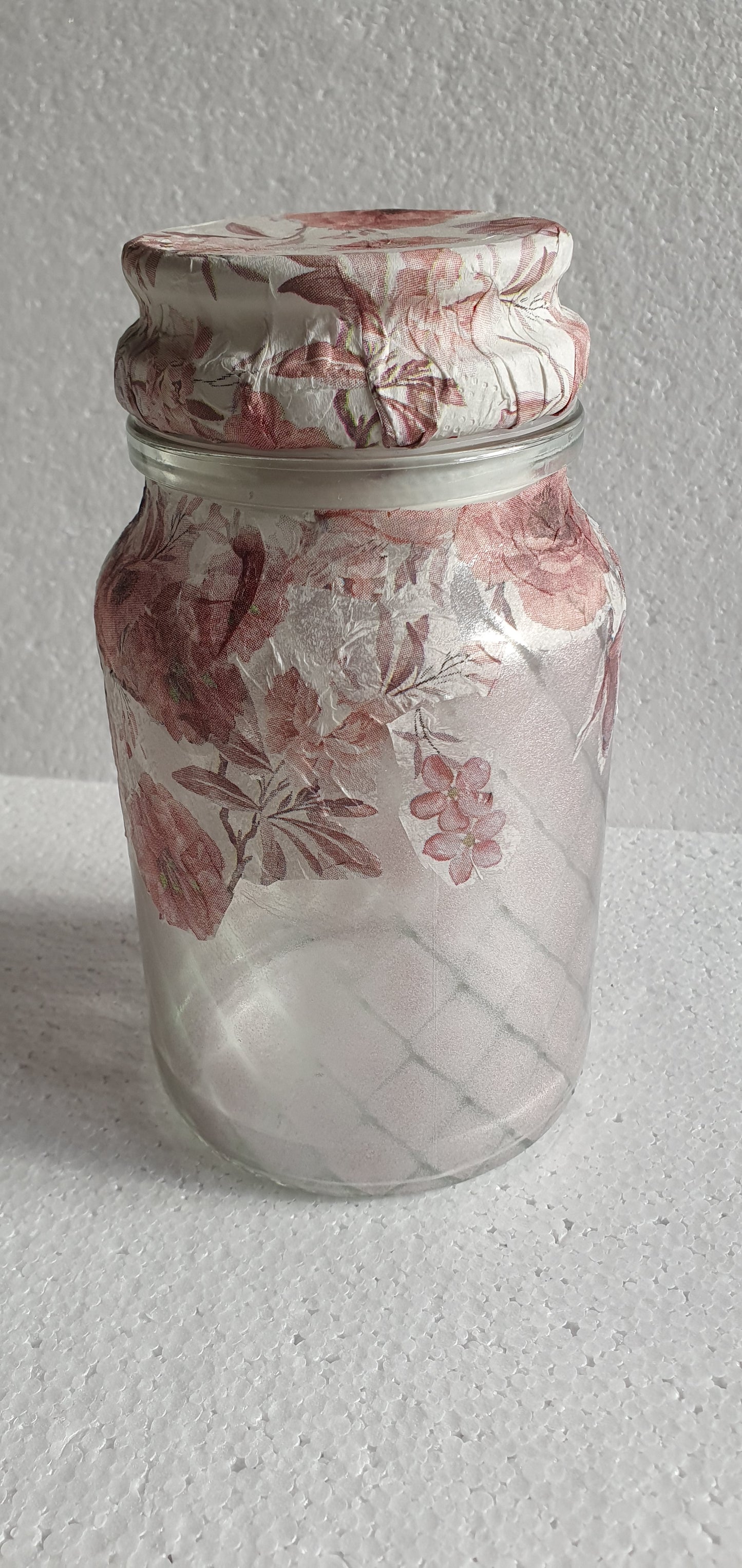 Reserved for A-M Medium 'Chunky' Hand Decorated Glass Pin Cushion Jar Pink Floral Crafters Gift