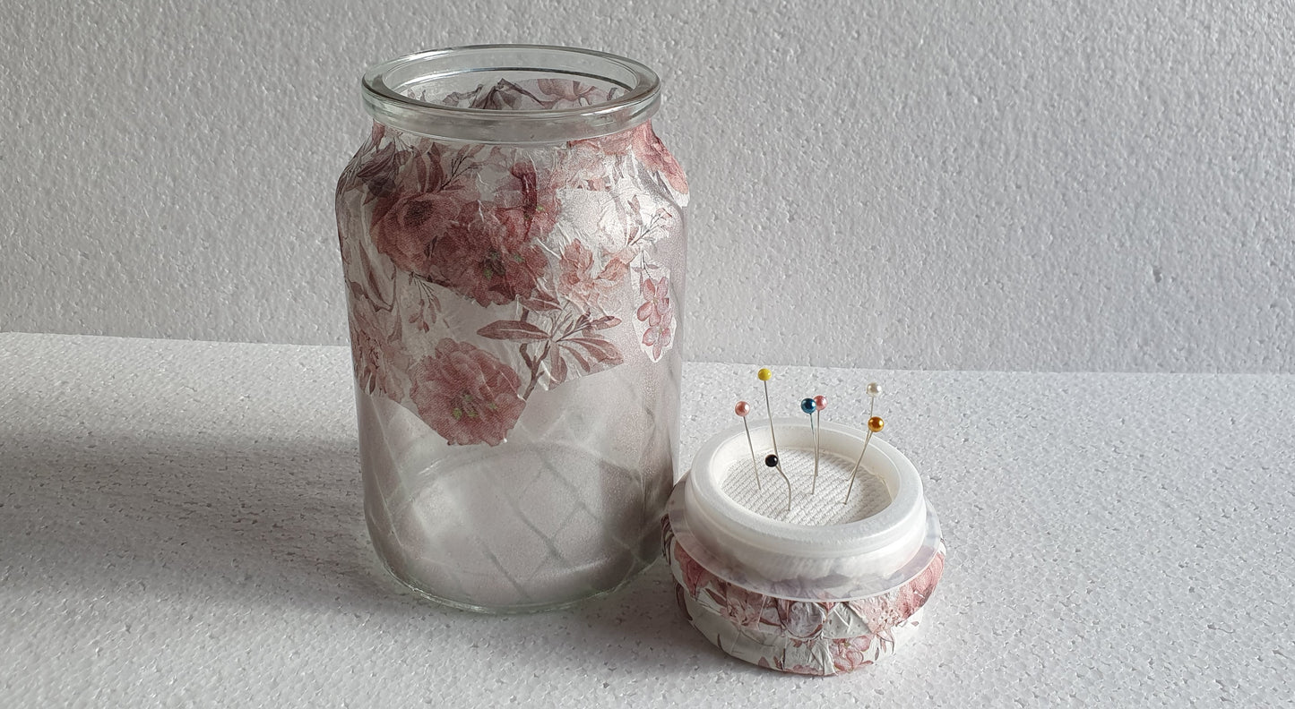Reserved for A-M Medium 'Chunky' Hand Decorated Glass Pin Cushion Jar Pink Floral Crafters Gift