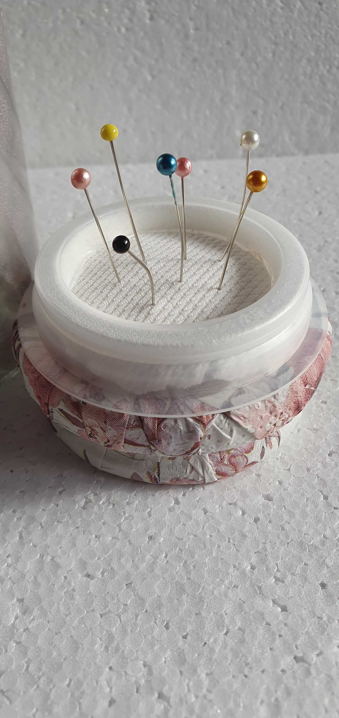 Reserved for A-M Medium 'Chunky' Hand Decorated Glass Pin Cushion Jar Pink Floral Crafters Gift