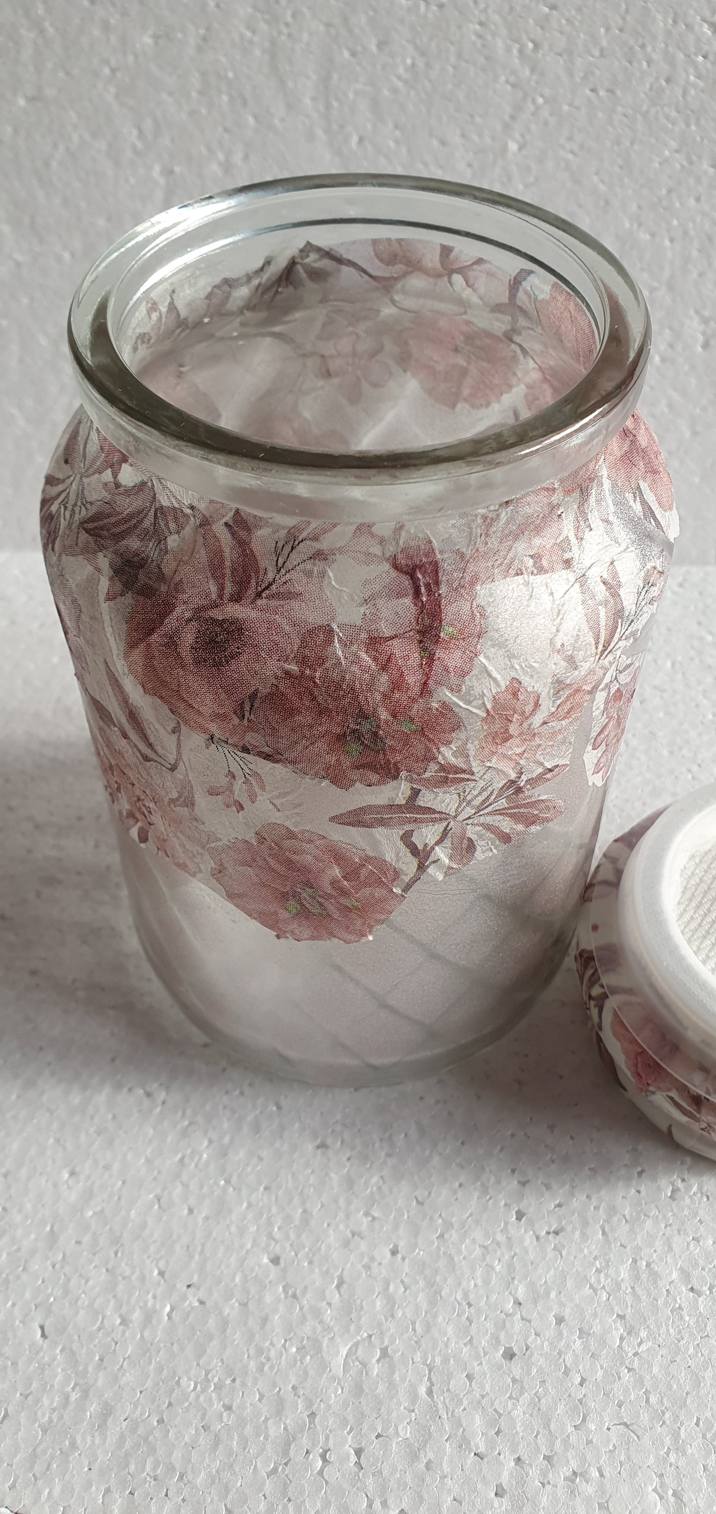 Reserved for A-M Medium 'Chunky' Hand Decorated Glass Pin Cushion Jar Pink Floral Crafters Gift