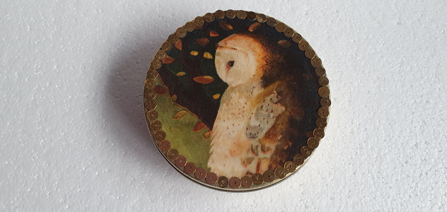 Round Gold Screw Top Box Barn Owl Sequins Hand Decorated Decor Gift
