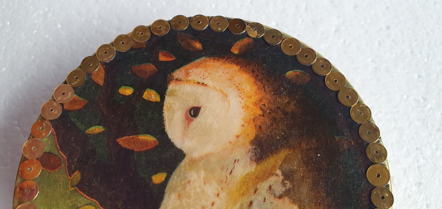 Round Gold Screw Top Box Barn Owl Sequins Hand Decorated Decor Gift
