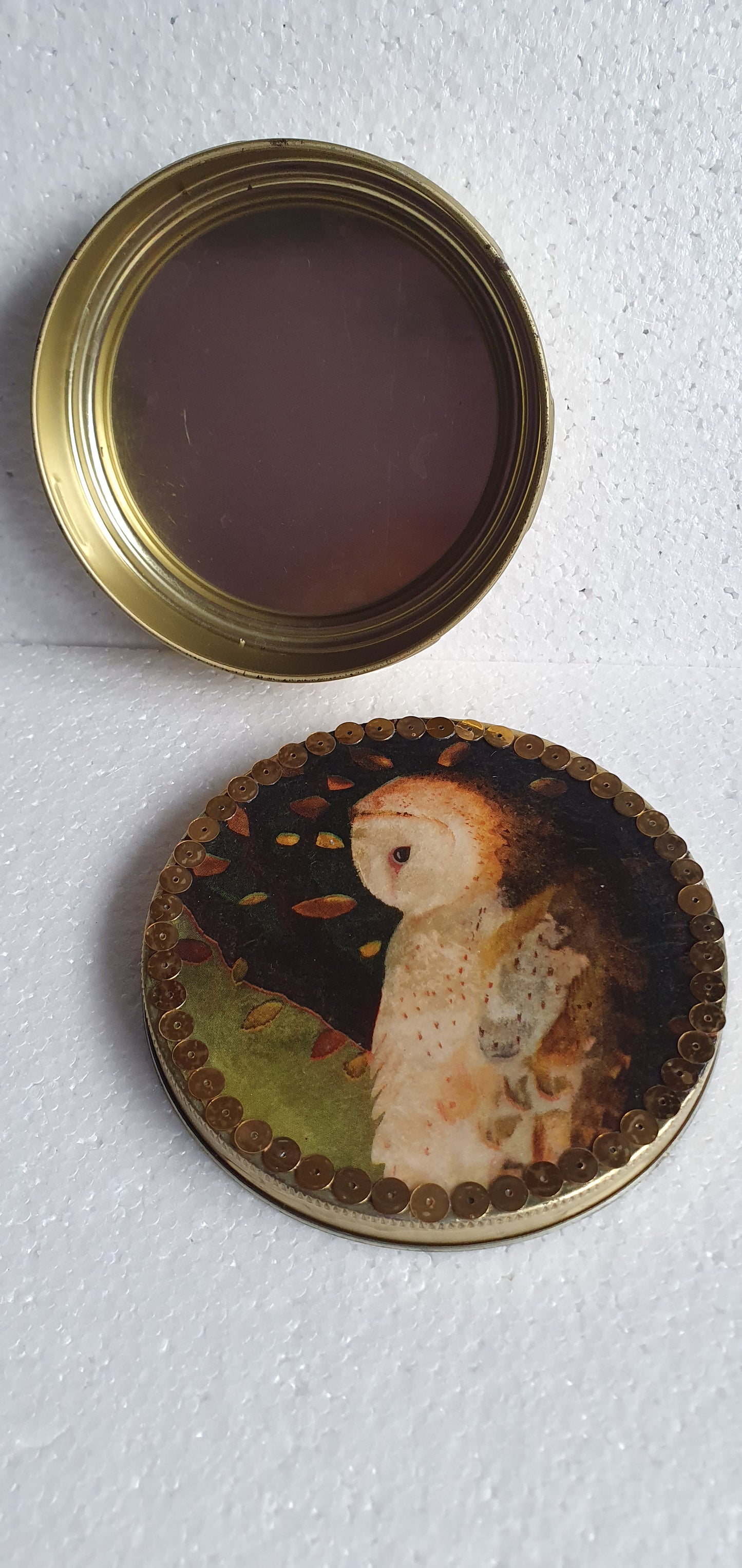 Round Gold Screw Top Box Barn Owl Sequins Hand Decorated Decor Gift