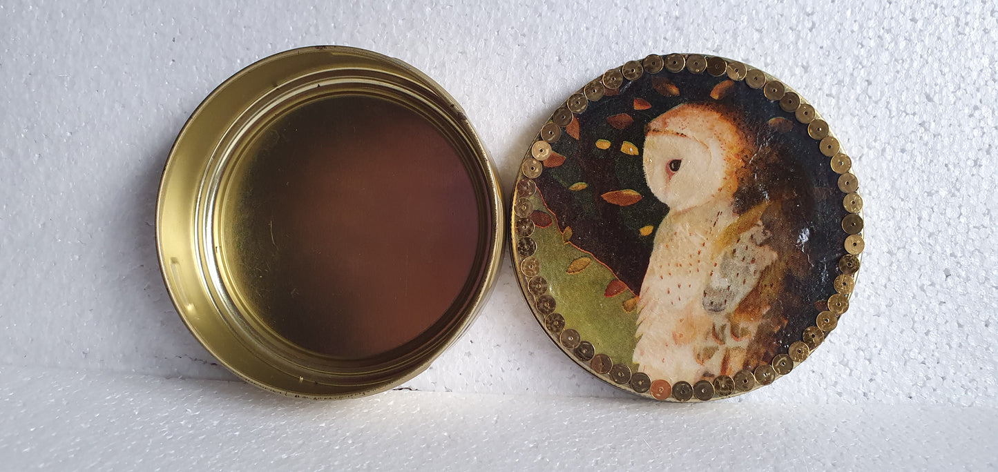 Round Gold Screw Top Box Barn Owl Sequins Hand Decorated Decor Gift