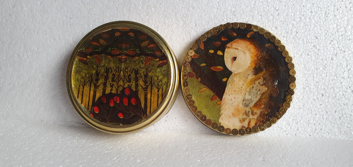 Round Gold Screw Top Box Barn Owl Sequins Hand Decorated Decor Gift