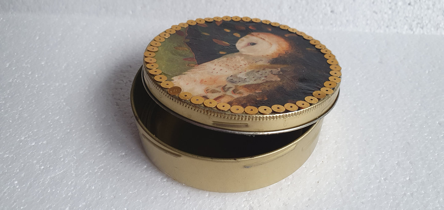 Round Gold Screw Top Box Barn Owl Sequins Hand Decorated Decor Gift