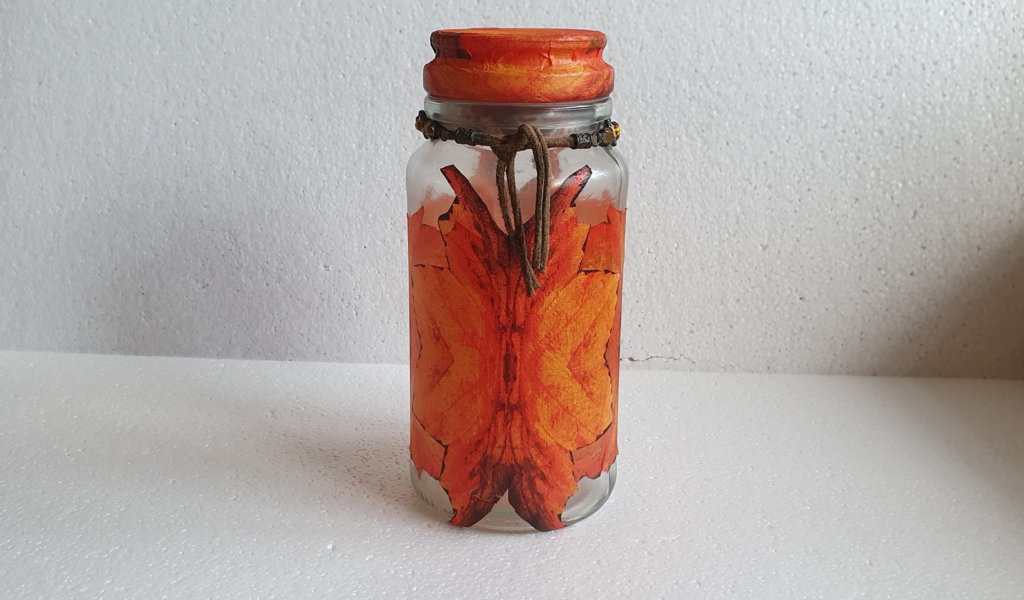 Medium Hand Decorated Glass Pin Cushion Jar Orange Flowers Leaves Autumn Crafters Gift